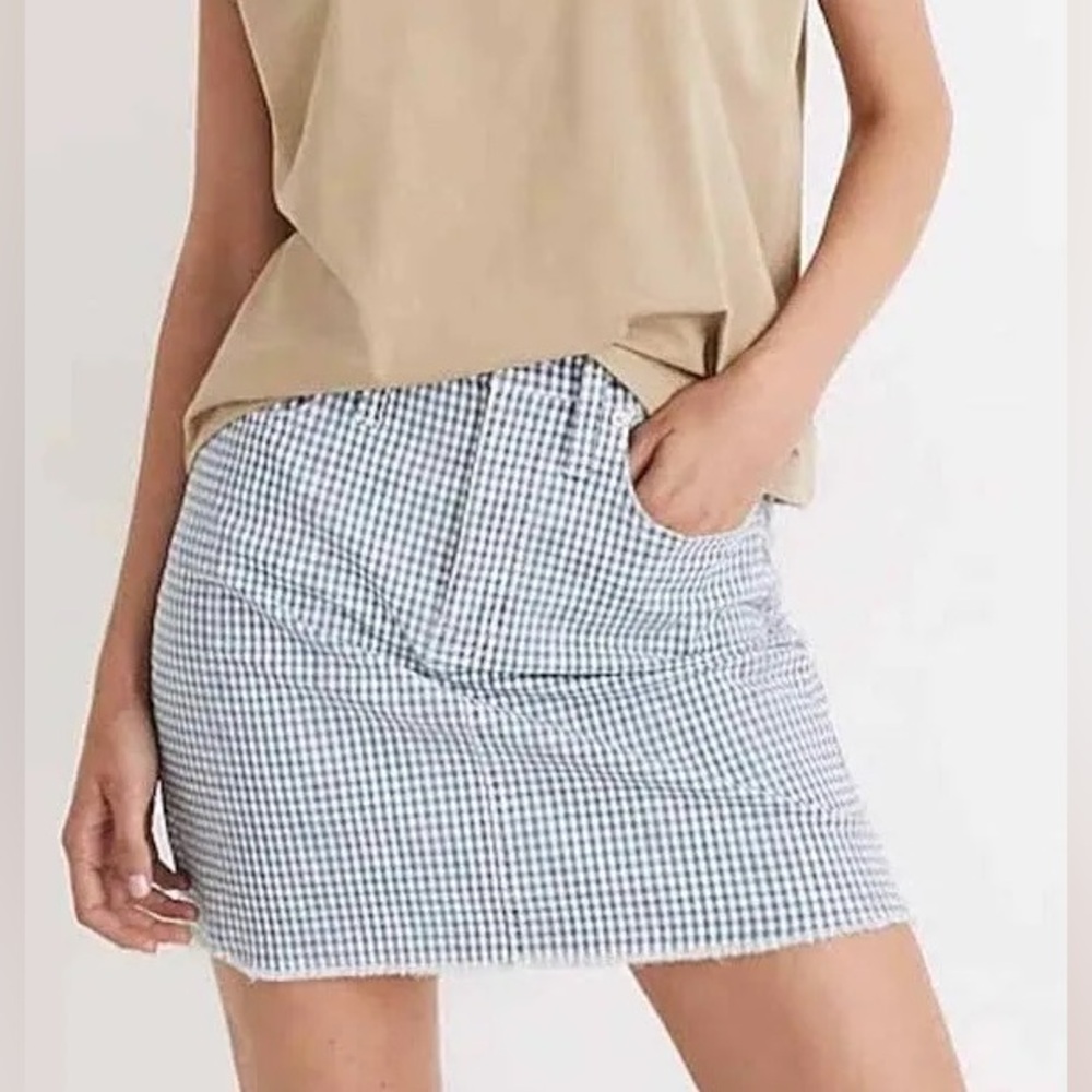 Madewell Stretch Denim Straight Raw Hem Edition Blue Check Mini Skirt